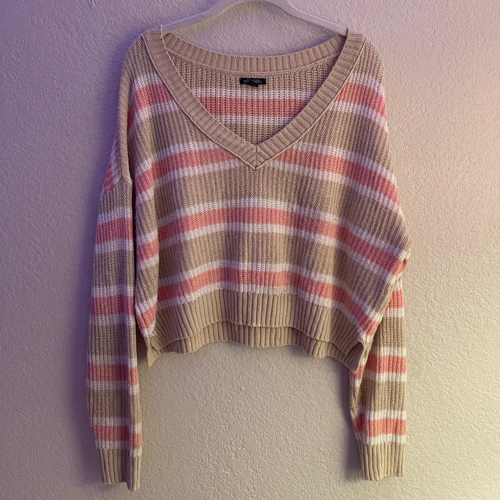 Tan, white, and salmon Striped V-neck Sweater